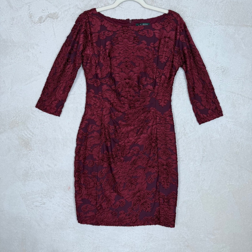 Lauren Ralph Lauren Burgundy Damask Lace Sheath Dress 6 Maroon 3/4 Sleeve Party